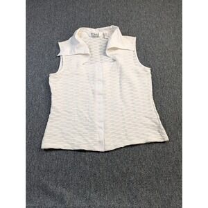 Ravel White Sleeveless Bubble Knit Textured Snap Front Collared Top Womens L